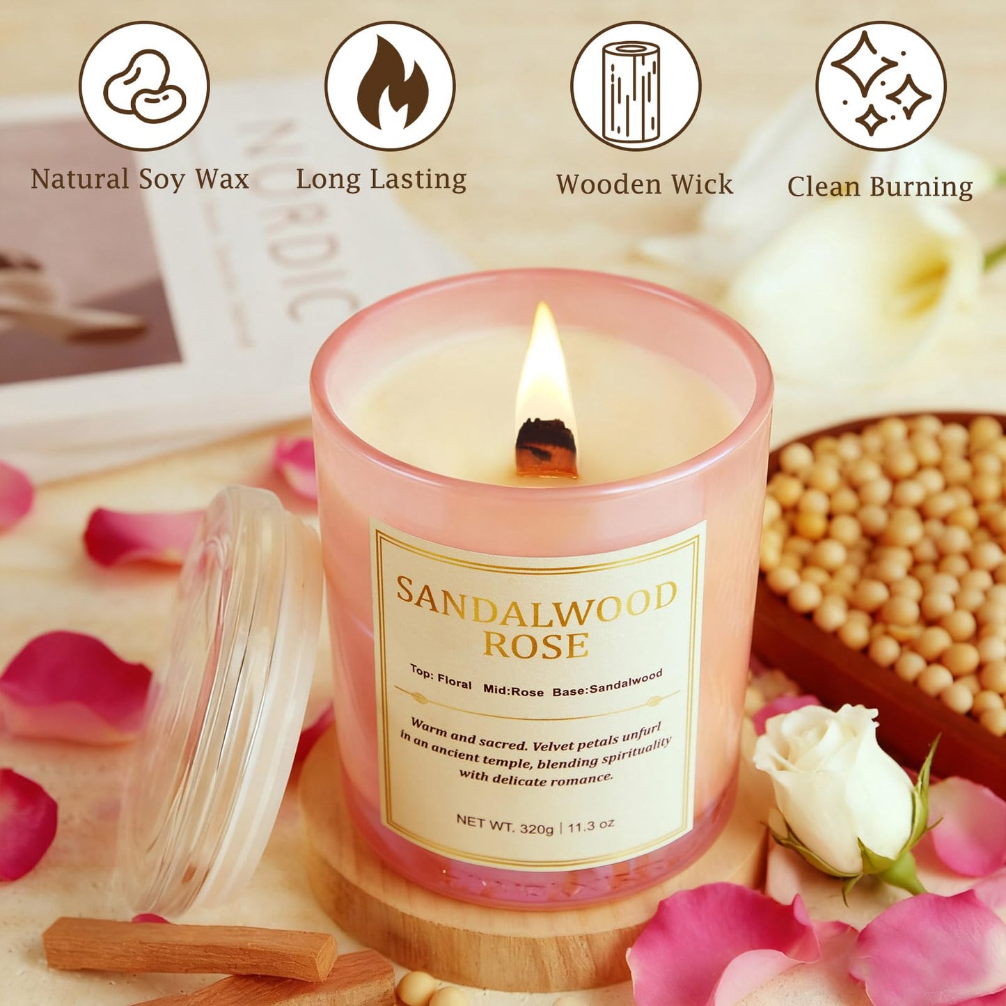 Scented Candles for Home, 2 Pack Wood Wick Sandalwood Rose Scented Candle,22.6 oz 150 Hour Long Burning Lasting, Natural Soy Wax Candles Gifts Set