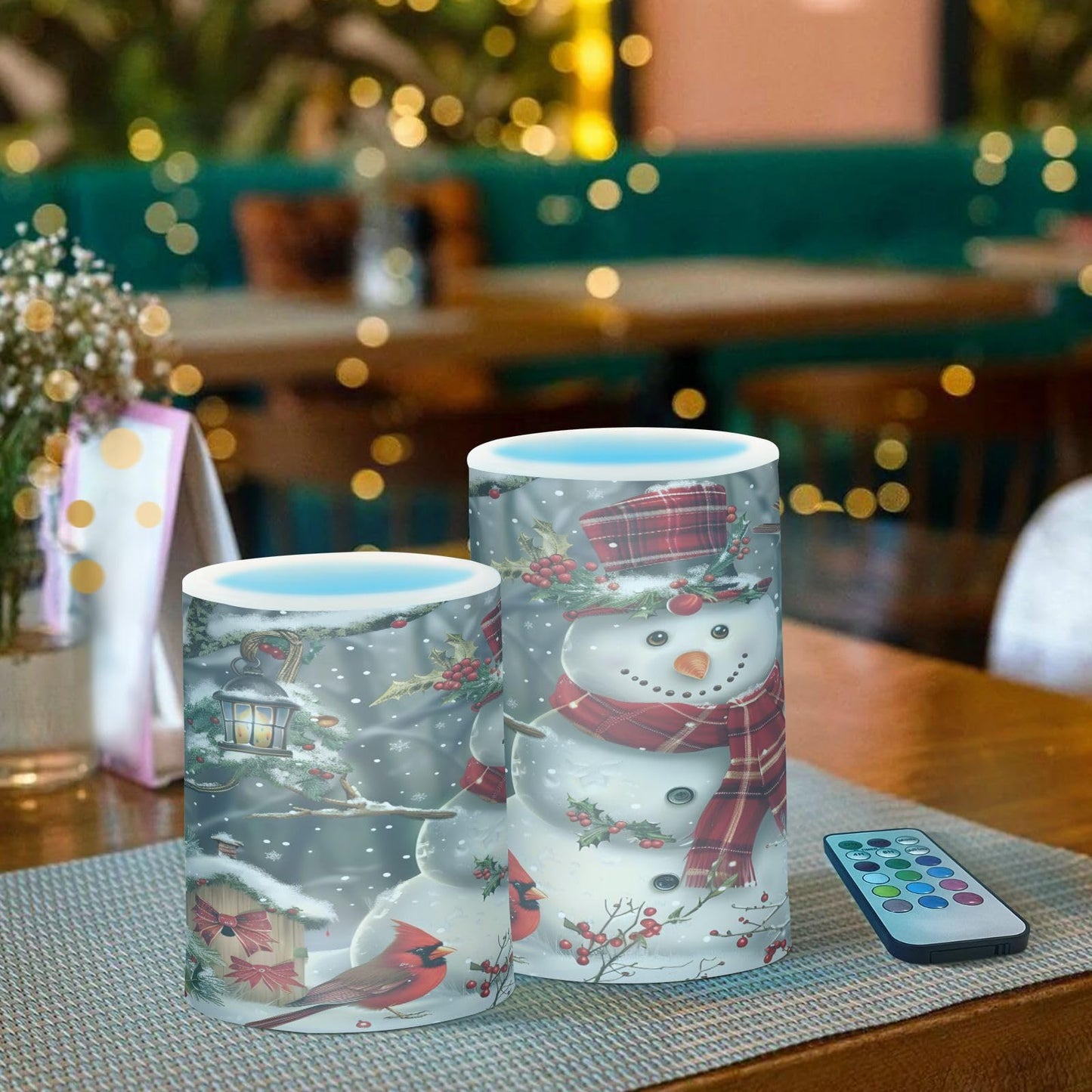 ALAZA Christmas Snowman Red Scarf Hat Bird Flickering Flameless Candles Battery Operated with Remote Timer,Tea Light Candles LED Pillar Votive Candles Set of 2 for Outdoor Indoor Decorations