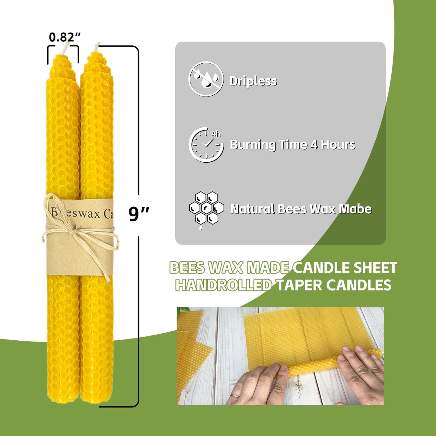 14 Pack Beeswax Taper Candles, Handrolled Bees Wax Candle for Home, Dripless & Unscented Candle Sticks, 9" Tall, Natural Yellow Beeswax Candles by Kissingfish