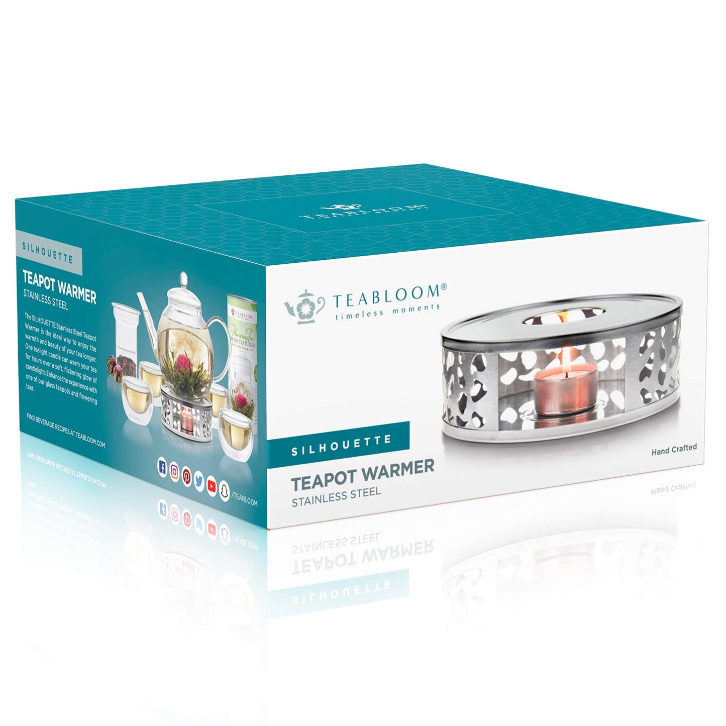 Teabloom Silhouette Tea Warmer - Brushed Stainless Steel Teapot Warmer with Tealight Holder and Candle