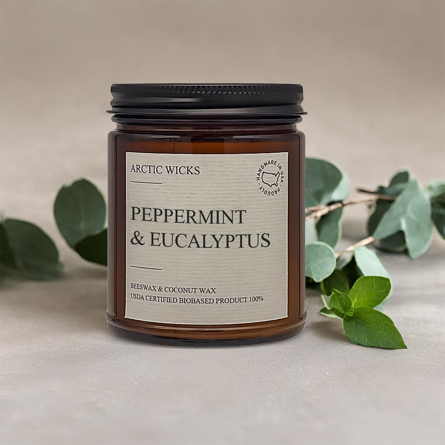 Arctic Wicks Peppermint & Eucalyptus Candle | 9oz Amber Jar | Arctic Wicks Handmade Scented Natural Coconut Beeswax Candles | Prefect Gift For Spa Lovers Non-Toxic 100% USDA Certified Biobased