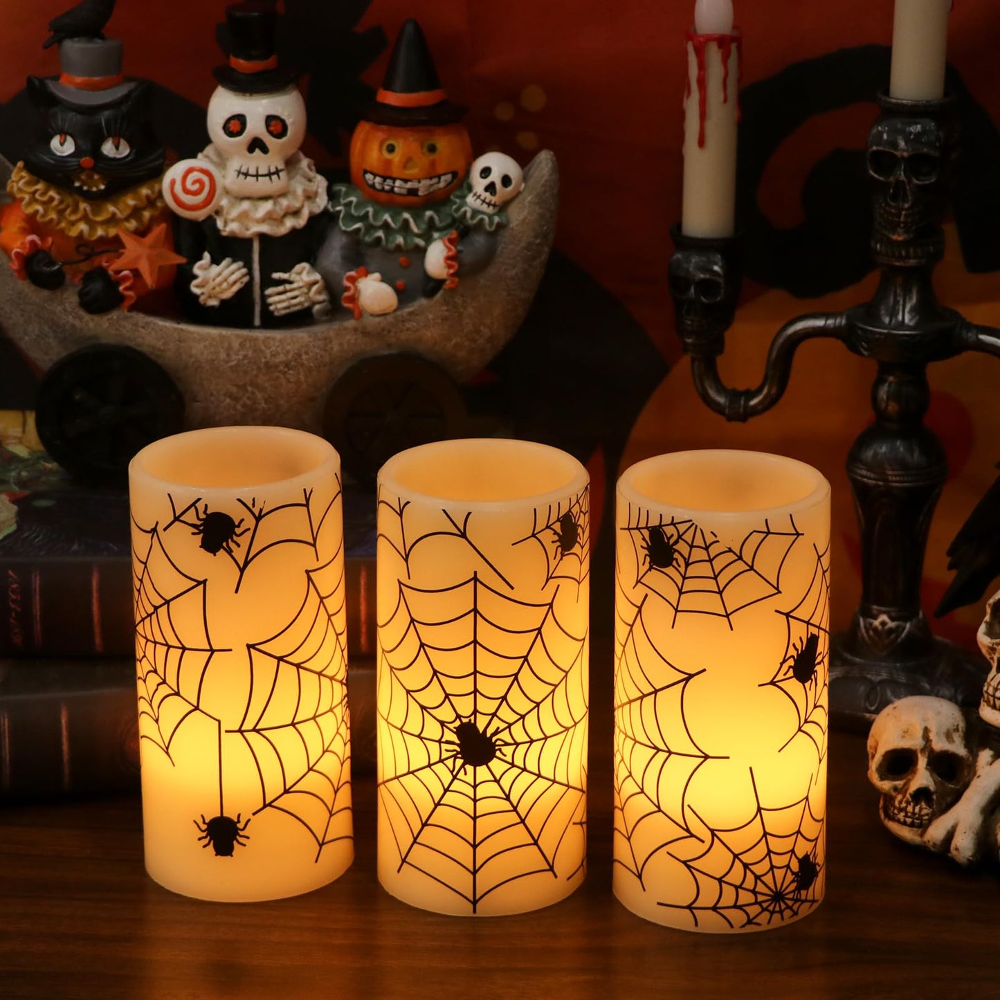 GenSwin Halloween LED Flickering Flameless Candles Battery Operated with Spider Decals, 3 Pcs Pillar Candlestick Real Wax with 6H Timer for Decoration
