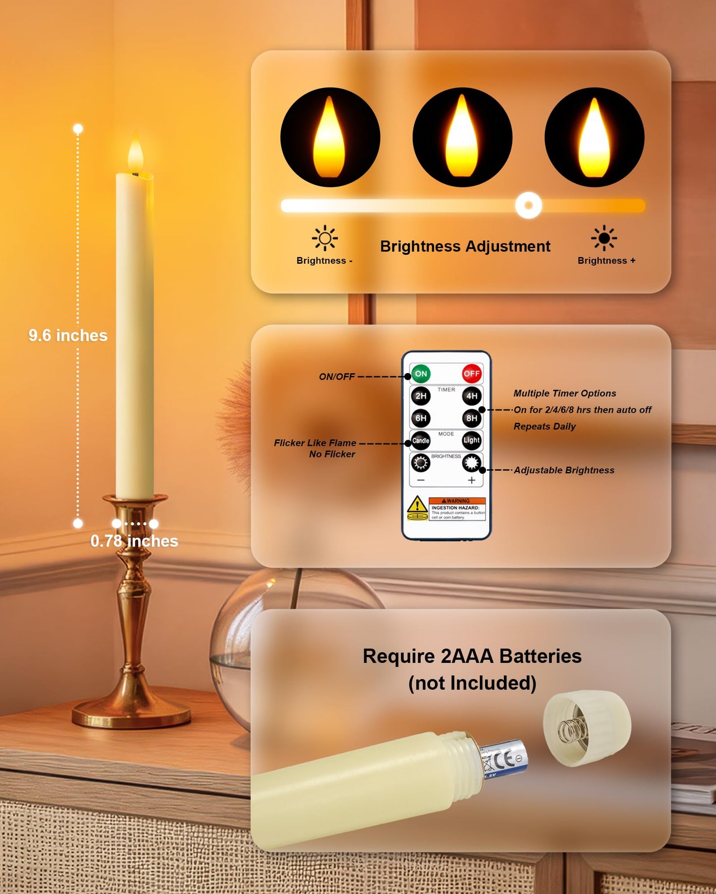 Homemory 6 Pcs Wax Flameless Taper Candles with Remote Timer and Dimmer, LED Candle Sticks with Flickering Light, Ivory Battery Operated Window Candles, 9.6 Inches for Wedding Home Indoor Decoration