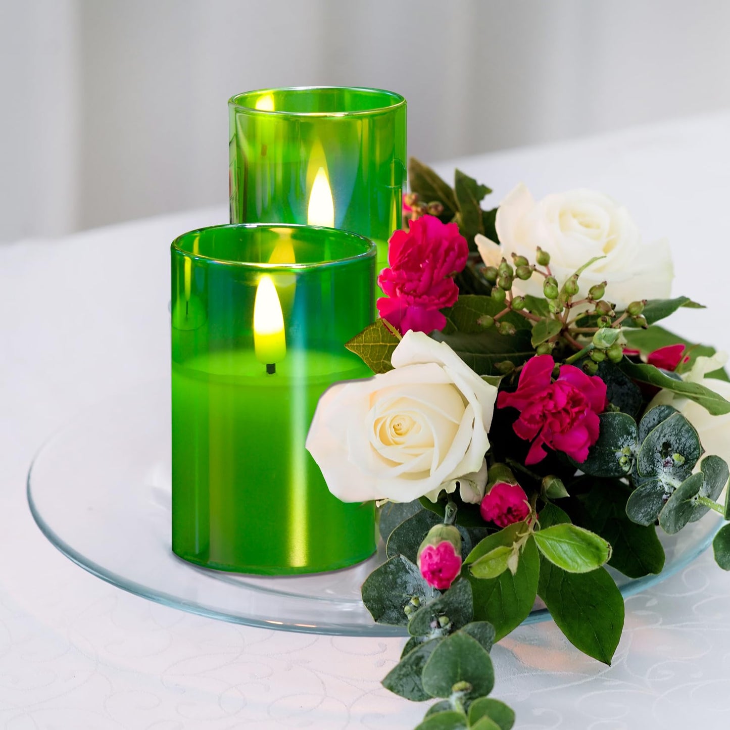 Eywamage Green Glass Flameless Candles with Remote Batteries, LED Pillar Candles Flickering Spring Home Decor Set of 5
