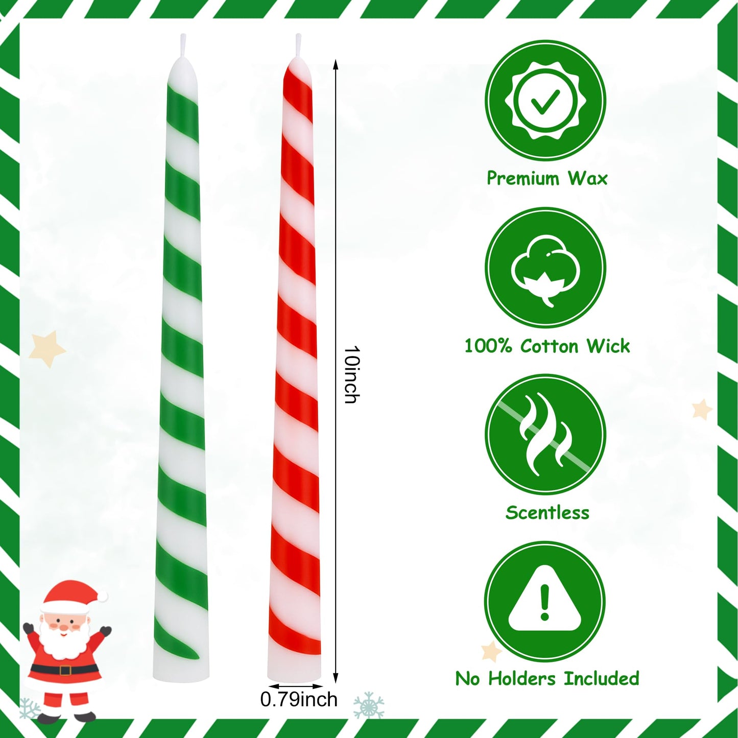 EBaokuup 6 Pcs Christmas Stripe Taper Candles,10 Inch Candy Cane Taper Candles,Red Green Christmas Decorative Tree Candles for Home Table Decor Wedding Party Centerpiece