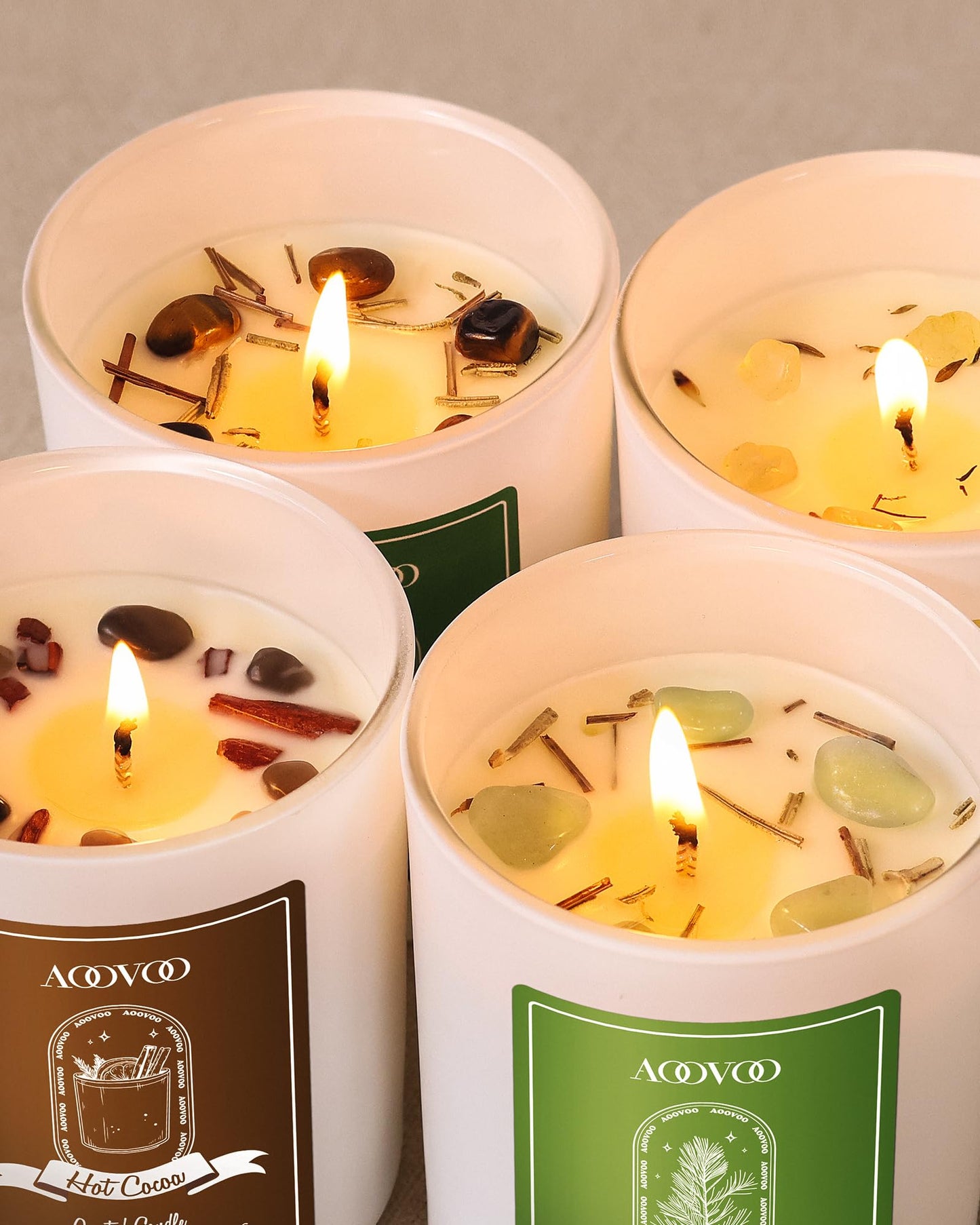 AOOVOO Holiday Candles Set for Women - 4 Pack Candles for Home Scented, Aromatherapy Candle with Crystals, 28 oz 200 Hour Long Lasting Candle, Winter Fragrance of Cedar, Fir, Hot Cocoa, Vanilla Cake