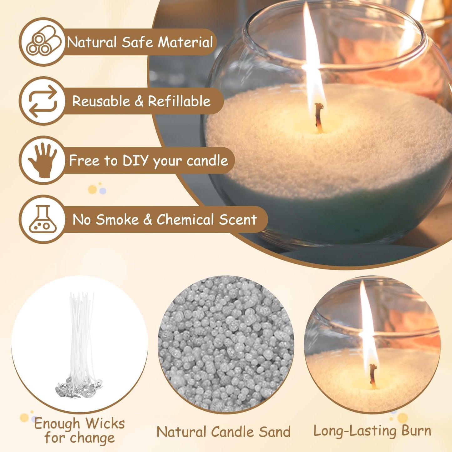 MECCANIXITY Pearled Sand Candles with 50 Pcs Wicks 21Oz / 600g Candle Beads Refillable Powder Sand Wax Making Kit for Thanksgiving Christmas Wedding Party DIY Home Crafts, Gray