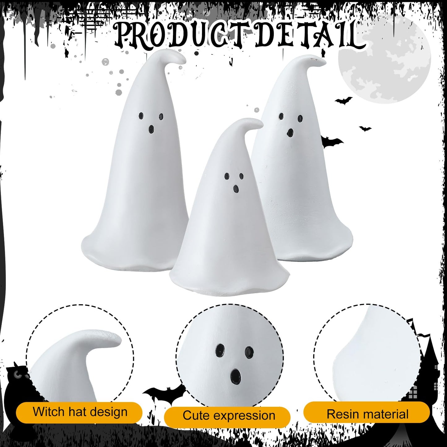 Colingmill Halloween Resin Ghost Figurine with 3 LED Tea Lights, Ghost Candle Holder Set of 3, Spooky Tabletop Indoor Halloween Light up Decor for Holiday Party, White Hollow Spooky Sculptures