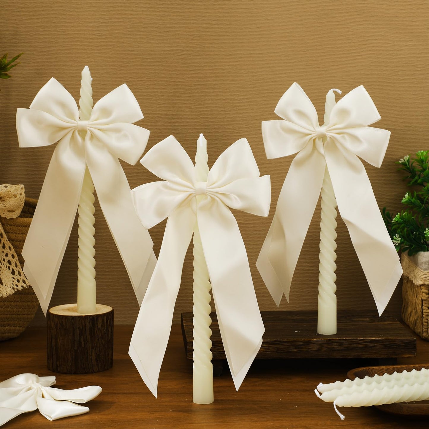 Whaline 8Pcs Spiral Taper Candles with Ribbon Bow Decor Dripless Twisted Wax Candles 10 Inch Long Unscented Candle Sticks for Coquette Bachelorette Bridal Wedding Party (Ivory White)