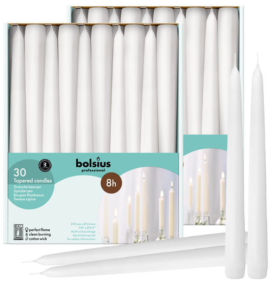 BOLSIUS 60 Count Household White Taper Candles - 10 Inches - Premium European Quality - 8 Hours Burn Time - Unscented Dripless and Smokeless Home Decor, Restaurant, Wedding, and Party Candlesticks
