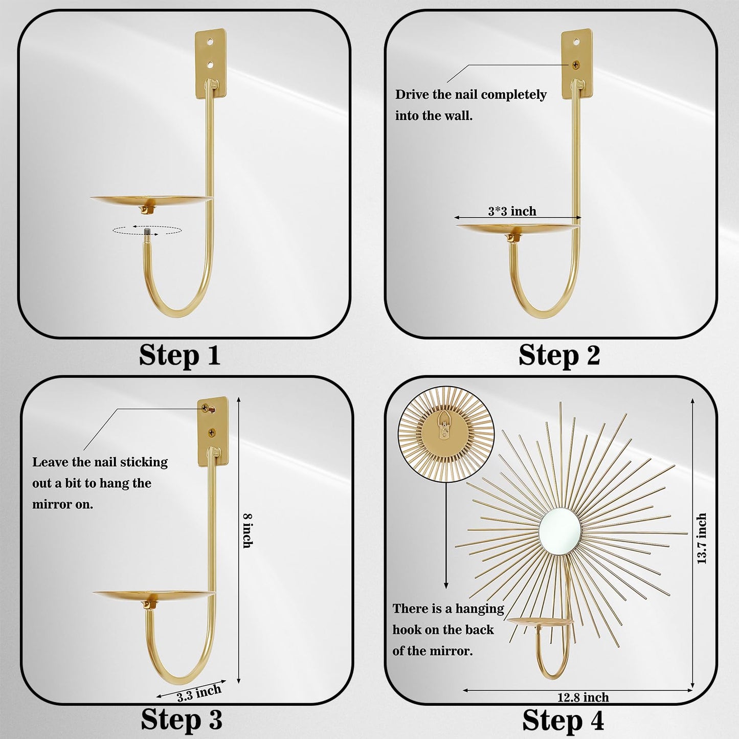 Sxnzequnze 2 Set Candle Sconces Wall Decor for Living Room Metal Sunburst Mirrored Modern Gold Wall-Mounted Candle Holder Sconces Hanging Mounted Fireplace Farmhouse Wedding
