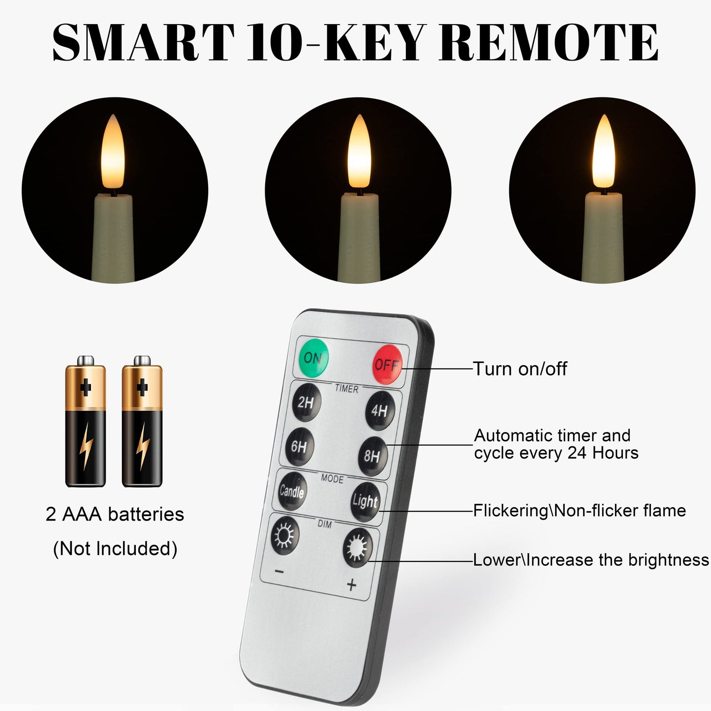 Flameless Taper Candles with 3D Wick, 9.6" Real Wax LED Candles with 2 Remote and Timer, 6 Pack Flickering Candlesticks Battery Operated, Classic Tall Taper Candle for Home, Wedding, Party, Ivory