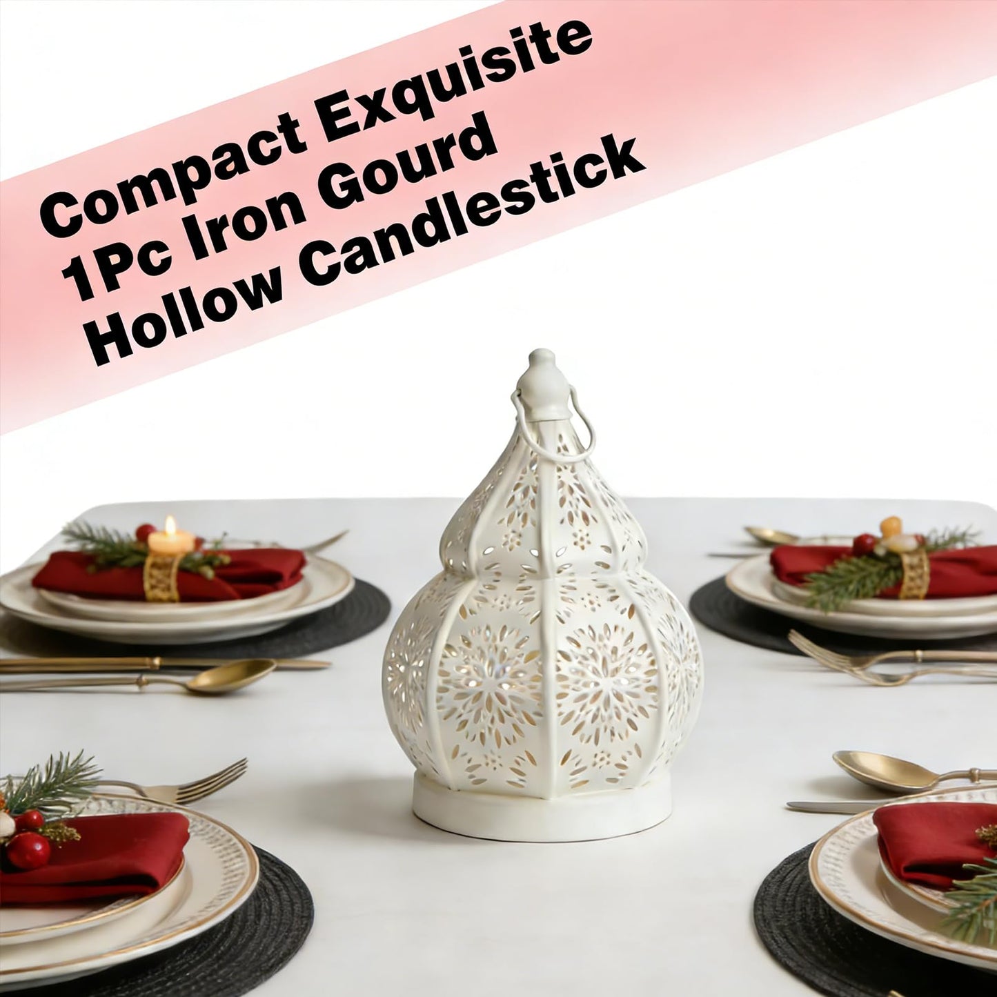 1pcs Iron Gourd Hollow Candle Holder Projection Ambient Decor for Home Garden Courtyard Decorative Ornament (Gold)