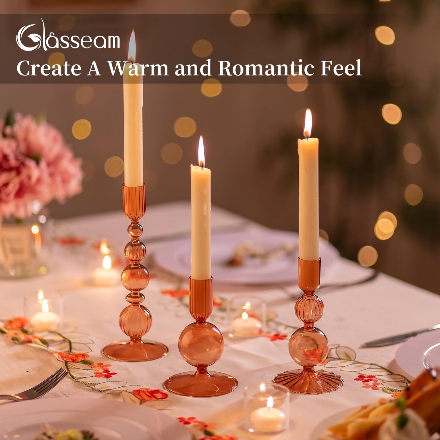 Glasseam Candle Sticks Holder Decor: Amber Glass Candle Holders Set of 3 Modern CandleHolders for Taper Candlesticks Unique Fall Candle Holders for Halloween Centerpiece Table Decor Thanksgiving