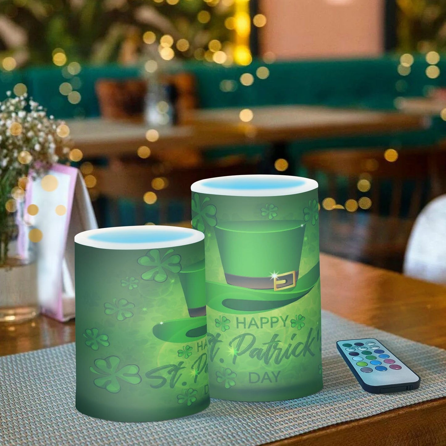 Eionryn Saint Patrick's Day Flameless Candles Leprechaun Hat Shamrock Clovers Battery Operated LED Candles with Remote Timer Electric Candles for Home Party Decor 2pcs