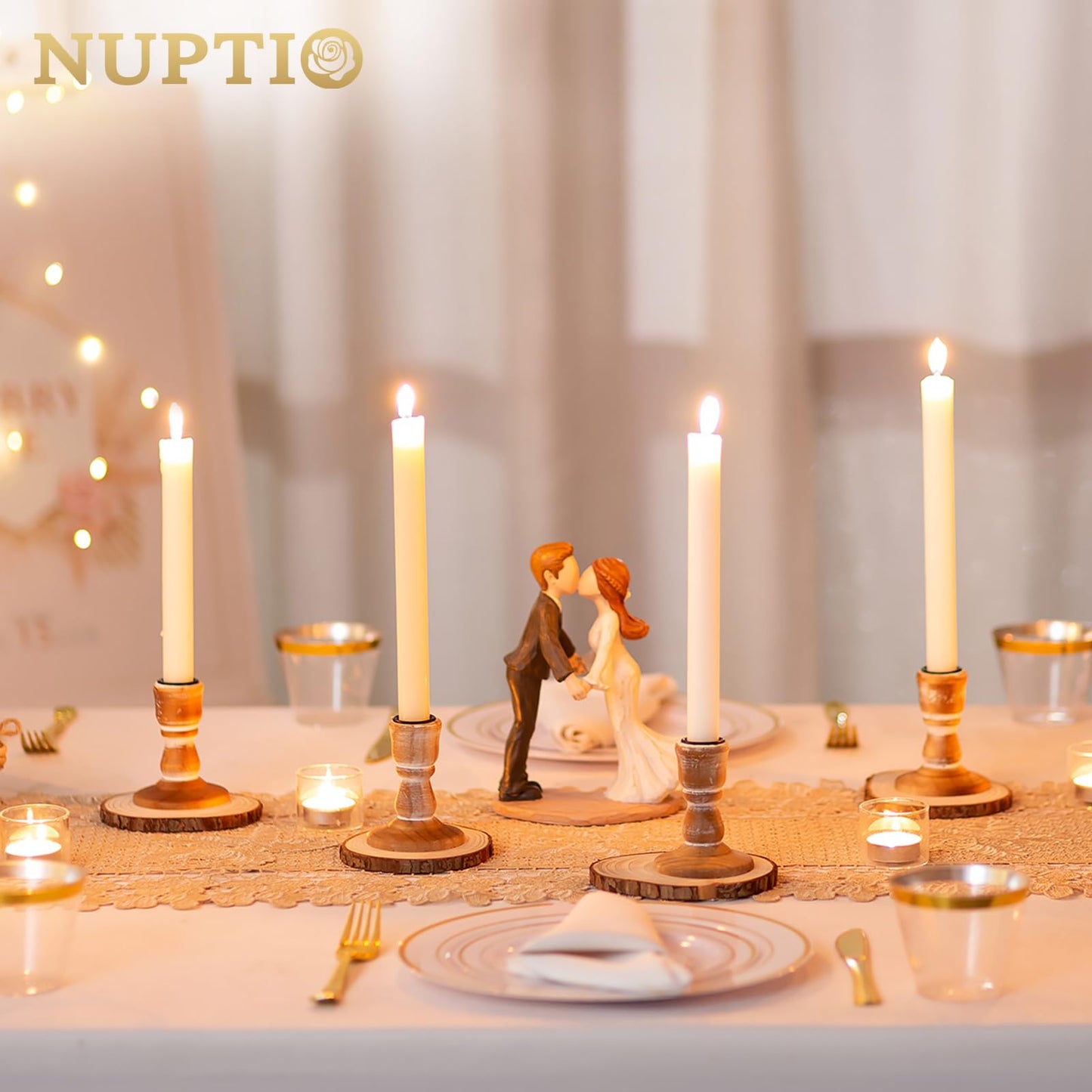 NUPTIO Candle Stick Holder Decor: Set of 10 Vinage Brown Wood Candlestick Holders - Bulk Boho Short Taper Candleholder for Fall Christmas Home Table Mantle Decoration