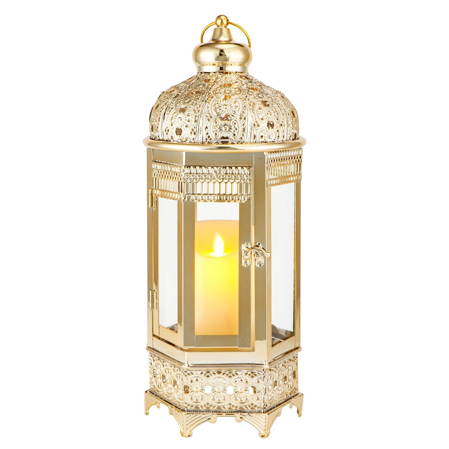 TRIROCKS Moroccan Candle Lantern16'' Gold Hexagonal Candle Holder with Tempered Glass Decorative Indoor Outdoor Ramadan Lantern for Living Room Garden Yard Patio Parties Events (Gold)