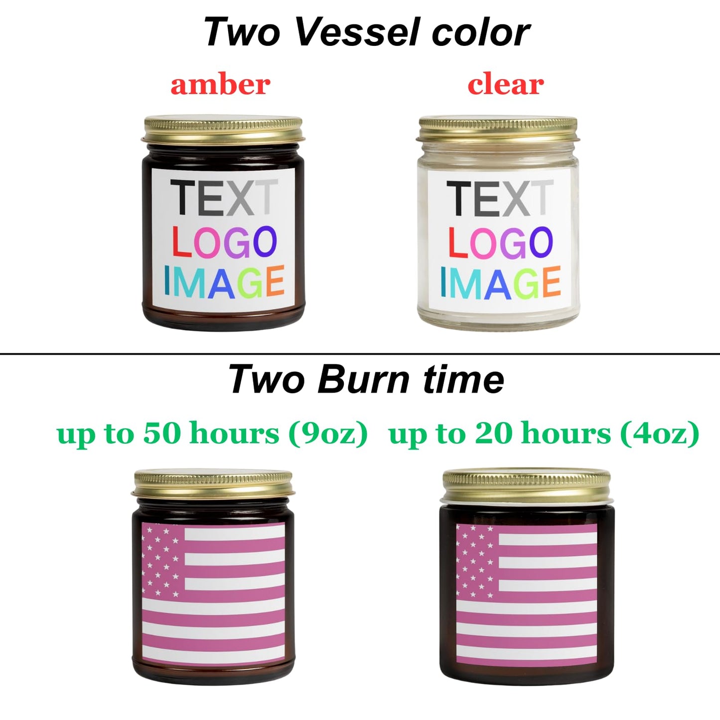xzdesign Create Your Own Custom Candle Personalized Candles Coconut Apricot Wax Scented 4oz 9oz 9 scents Gold lid & Amber Clear Bottle