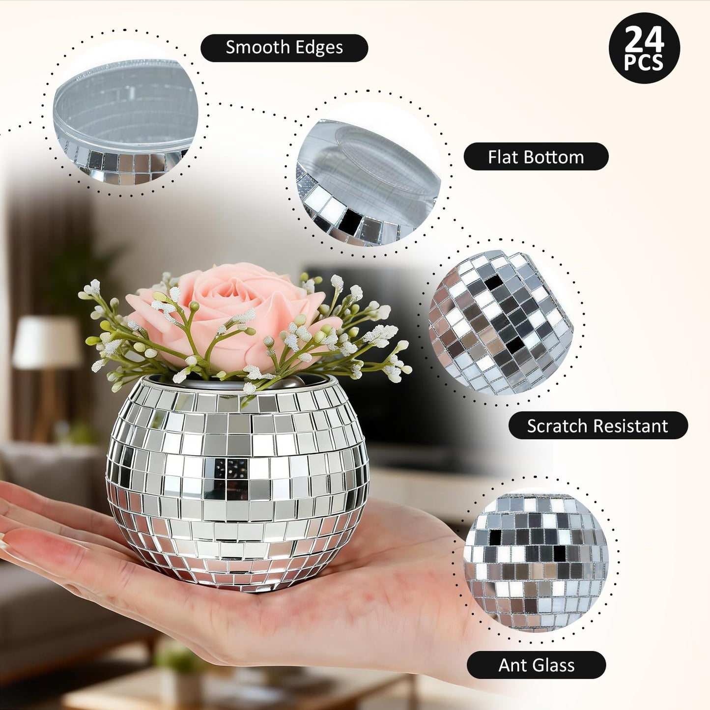 CHICERA 24 Pcs Disco Ball Candle Holders, 2x2.6 Inch Silver Mirror Glass Candle Holders, Disco Ball Centerpieces Table Decor for Wedding Birthday Party