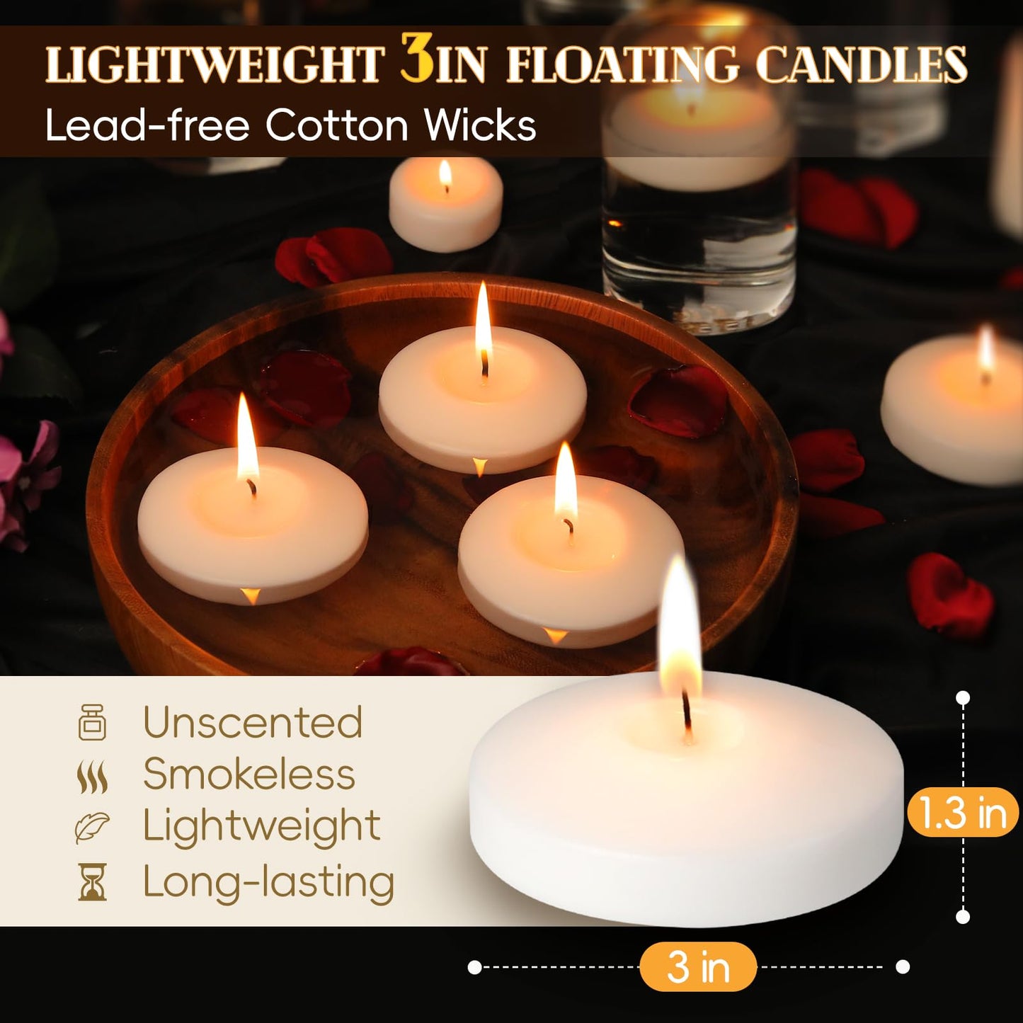 GINITIRI 3 inch White Floating Candles, 60 Pack Unscented Floating Candle,8-9 Hours Burning Floating Candles for Centerpieces, 3" Water Candles for Cylinder Vases, Wedding, Party