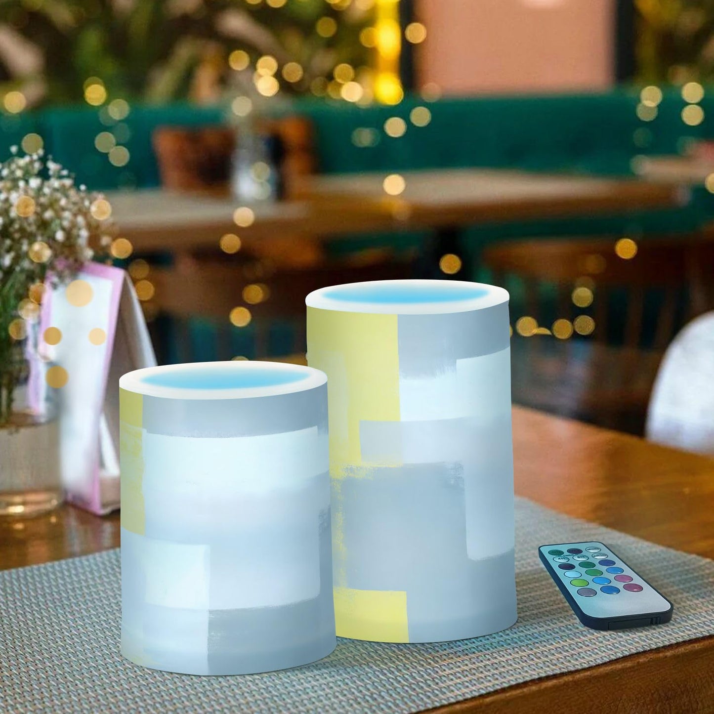 ALAZA Grey and Yellow Abstract Art Painting Flickering Flameless Candles Battery Operated with Remote Timer,Tea Light Candles LED Pillar Votive Candles Set of 2 for Outdoor Indoor Decorations