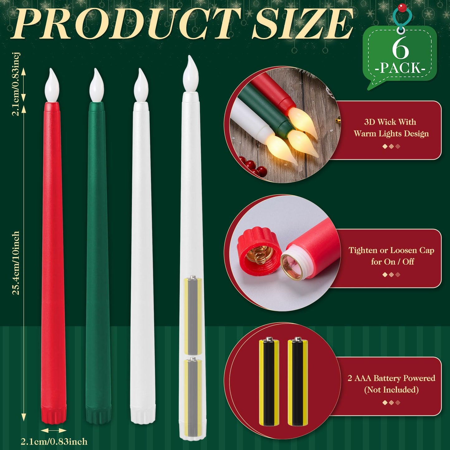 Baquler 6 Pcs 11'' Christmas Flameless Taper Candles Green Red White Battery Operated Candles LED Plastic Flickering Candlesticks for Christmas Wedding Church Dinner Home Decor