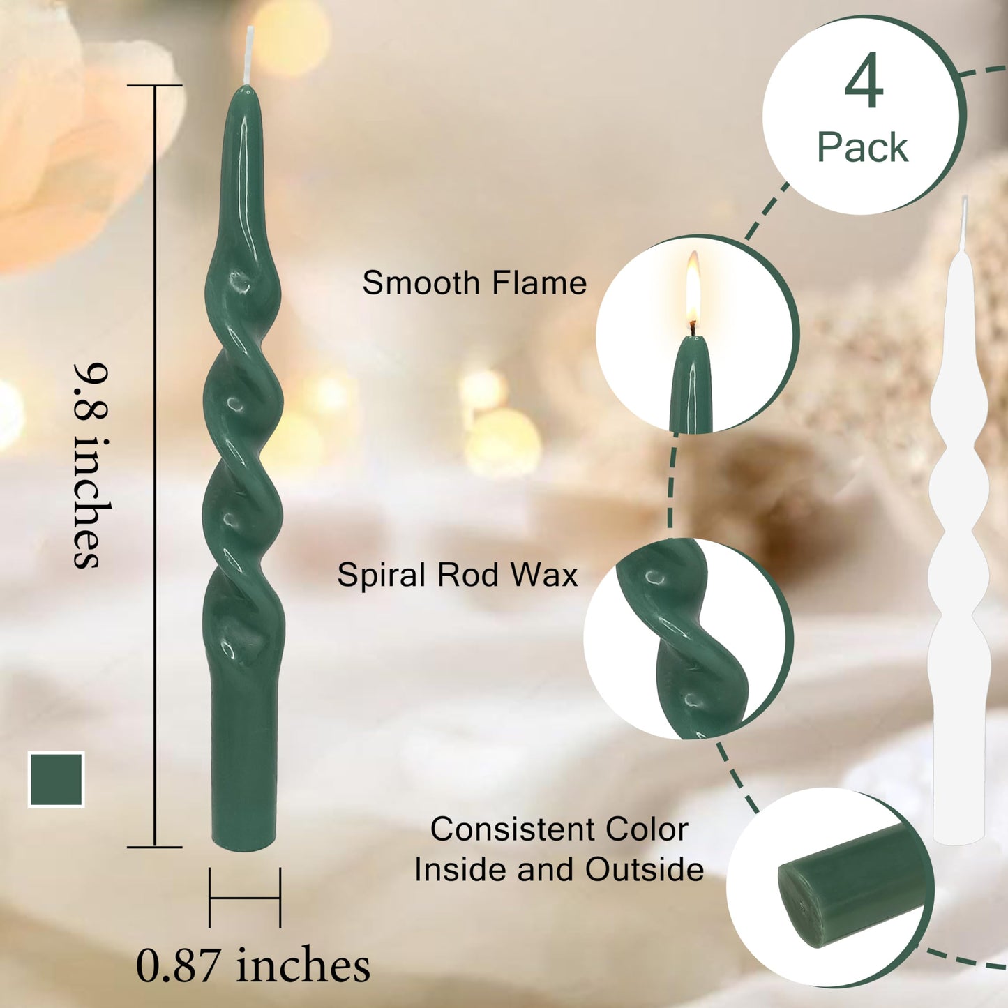 Spiral Candle Unscented Taper Candles Sticks Dark Green 10 inch Tall Tapered Candles 4 PCS Smokeless Twisted Dinner Candle for Meditation Home Kitchen Wedding Cozy Evenings Decorations