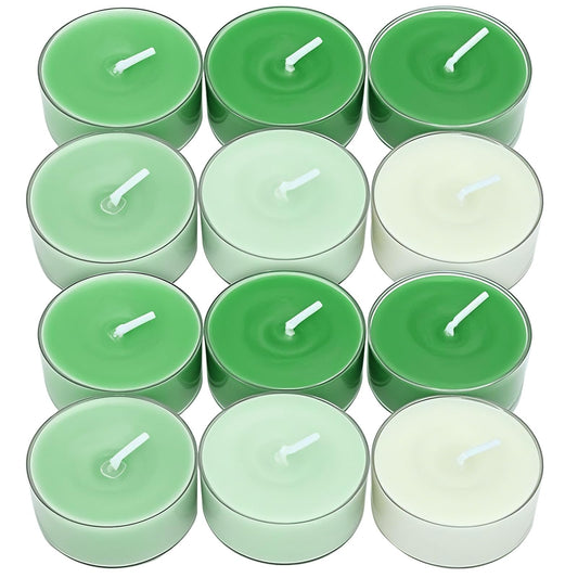 Honoson 12 Pack Green Tea Lights Candles Green Round Tea Light Natural Wax Scented 6 Scents Conversation Candle for Spring Easter Wedding Engagement Gifting Aromatherapy Anniversary Summer Home Decor