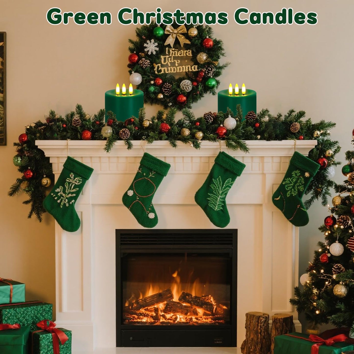Large 3 Wick Flameless Candles Set of 2, 4"x4" Flickering LED Candles with Remote & Timer, Dimmable Real Wax Pillar Candles Battery Operated, Green Candles for Home Christmas St. Patrick’s Day Decor