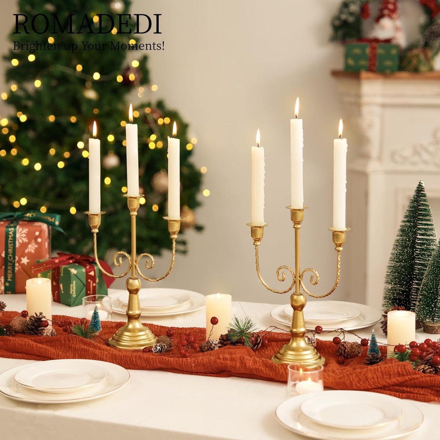 Romadedi Candelabra Gold Candle Holders - 3 Arm 11.8" Wedding Candlestick Holder for Theme Party Table Centerpiece Decor Dining Room Birthday Holiday Christmas, Set of 6