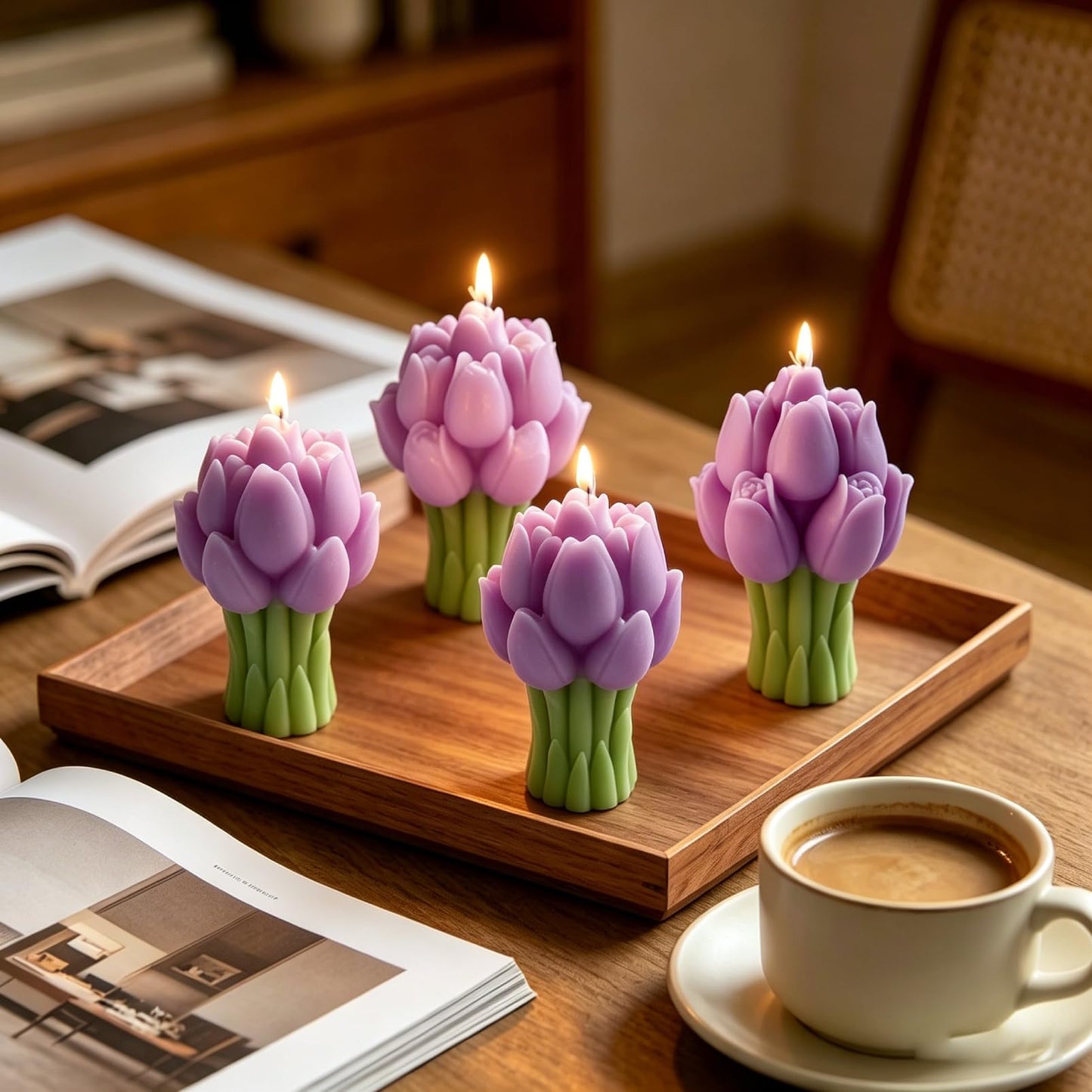 Scented Candles Set for Women Mom,4 Pack Aromatic Tulip Bouquet-Shaped Candle Ornament for Home, Yellow Soy Candles for Living Room and Bedroom, Birthday Bridesmaid Gift Valentines Day Candle