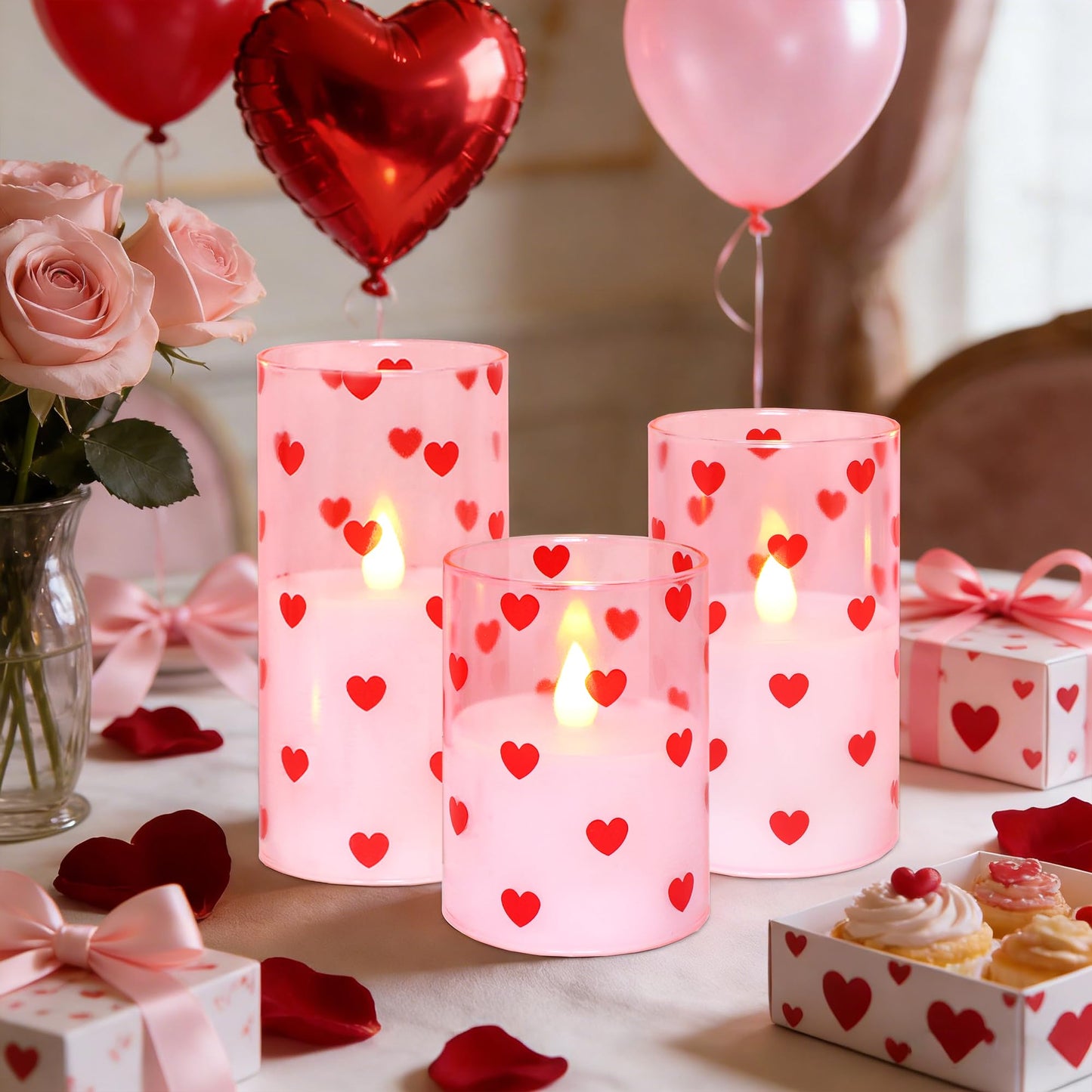 Valentines Flameless LED Pillar Candles, Battery Operated Red Heart Candles, Glass Pink Candles for Woman Gifts and Home Decor