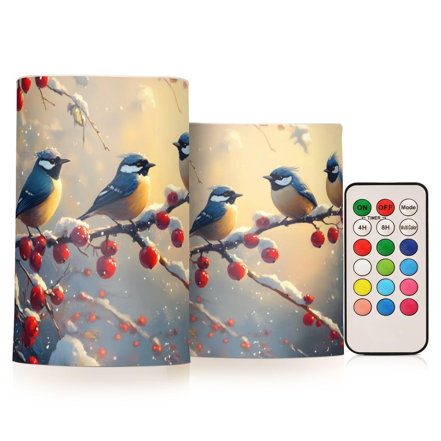 ALAZA Christmas Winter Birds Cherry Flickering Flameless Candles Battery Operated with Remote Timer,Tea Light Candles LED Pillar Votive Candles Set of 2 for Outdoor Indoor Decorations