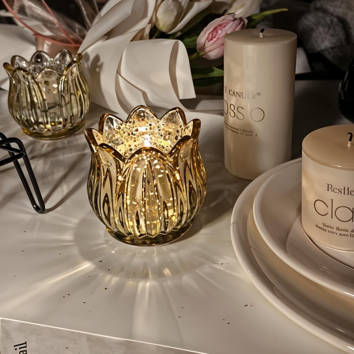 VIVAHEARTH Tulip Votive Candle Holders Set of 12, Tea Light Candle Holder Glass for Table Centerpiece, Tealight Candle Holders for Wedding Déco, Birthday, Anniversary, Parties, and Holiday (Glod)