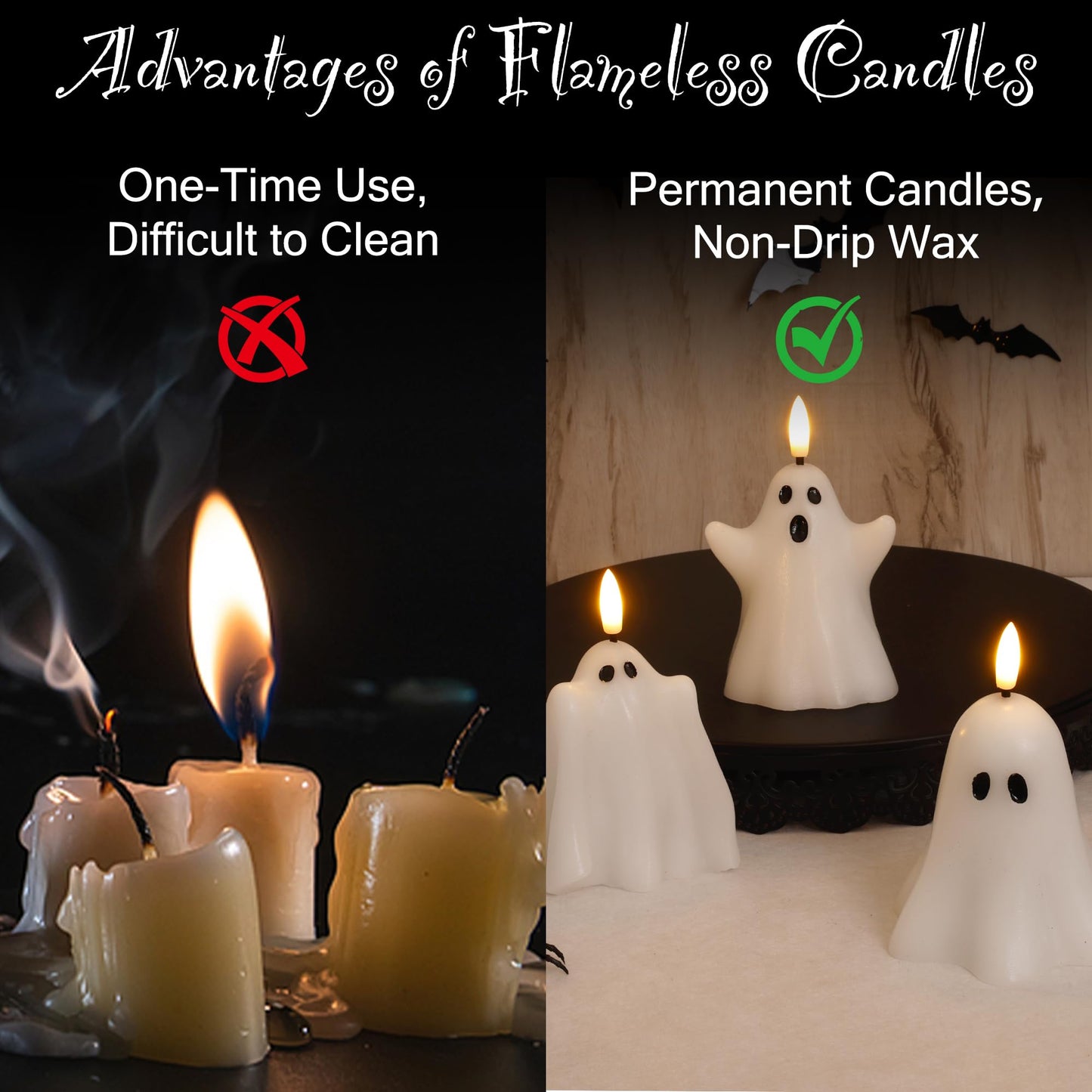 JOIONE Halloween Flameless Candles with Remote, 3D Flickering Flame Real Wax LED Battery Operated Candles, Cute Ghost Halloween Candle for Party and Home Decorations, Set of 3