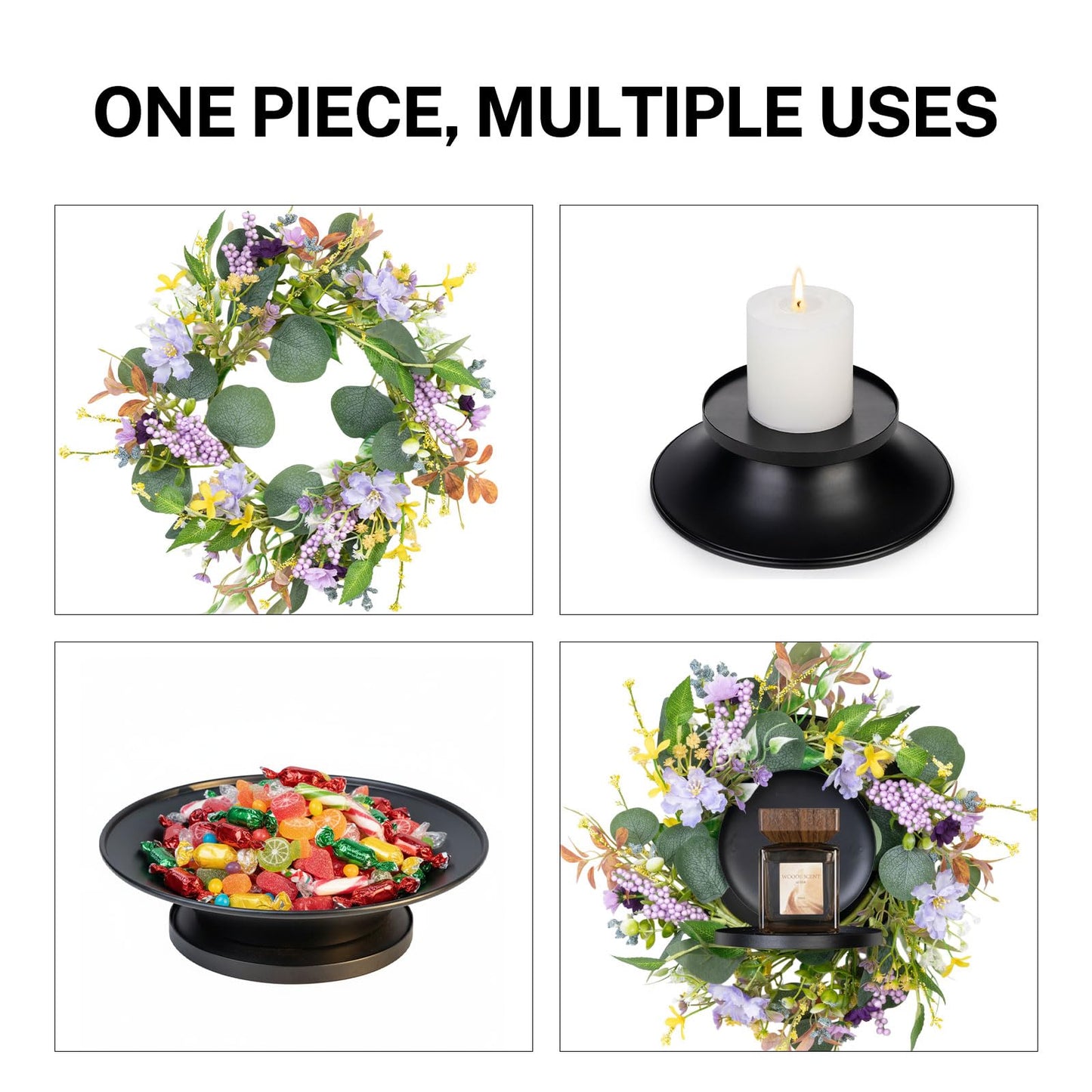 MOYEE Summer Candle Holder Centerpieces for Tables,Candle Ring, Black Metal Candlestick with an Artificial Wreath 14 in Versatile Dining Table Centrepiece (Purple Foam Flower Wreath)