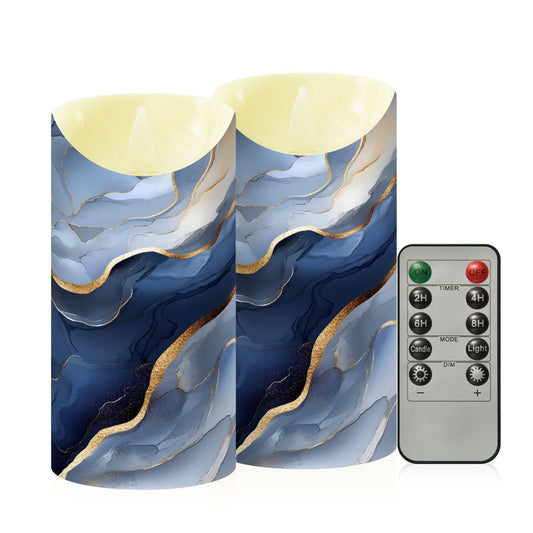 famyily Safe Indoor Decor Fake Candles with Timer 2/4/6/8H Battery Operated Candles for Bathroom Vanity 5.9x3in - Marble Silver Navy Blue