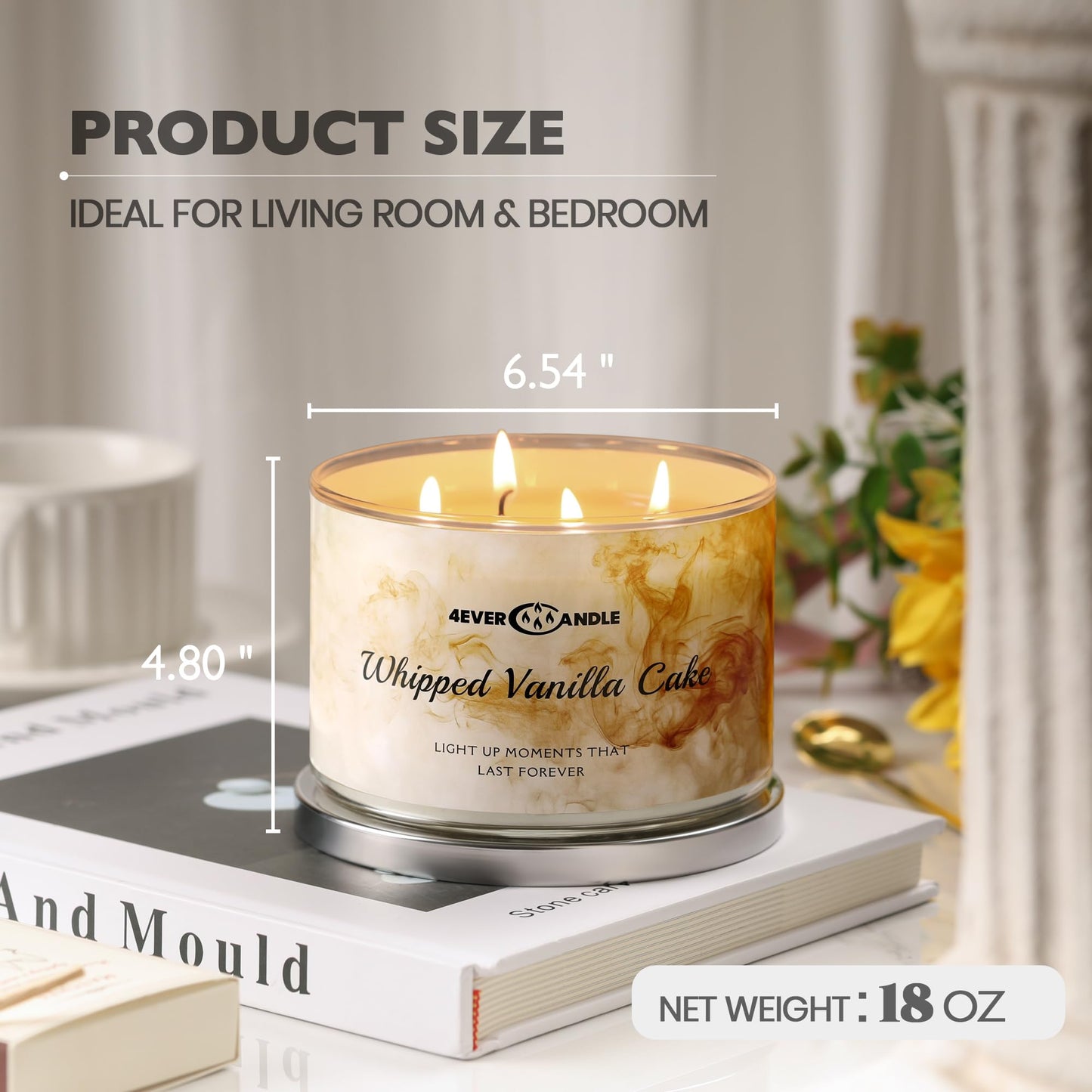 4EVER Scented Candles | 4-Wick 18oz Soy Wax Candle | Up to 50Hrs Clean Burn | Aromatherapy Candles for Home Scented | Gifts for Women & Mom, Whipped Vanilla Cake