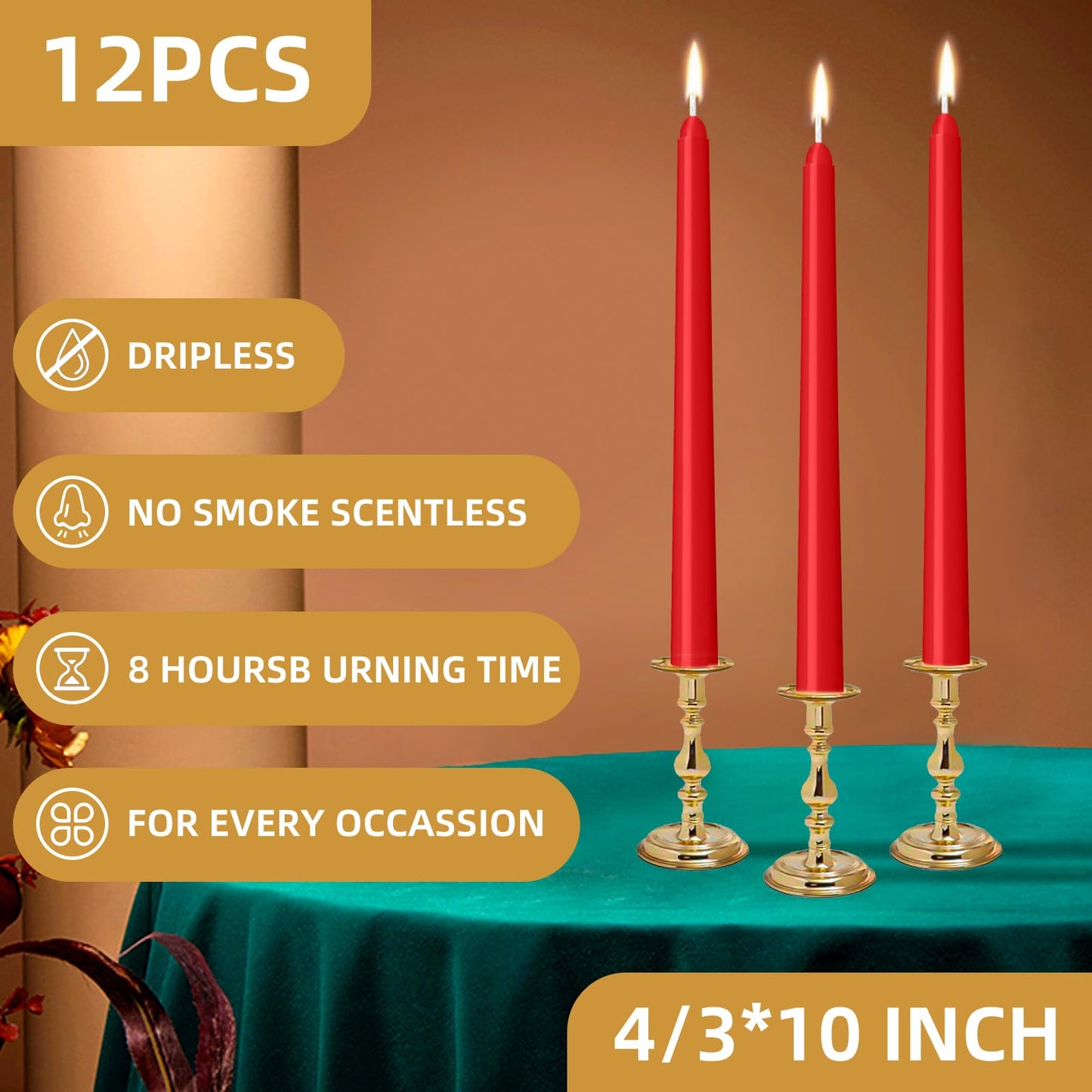 LYOBATH 12 Pack Red Taper Candles - Taper Candles 10 Inch Dripless, Smokeless & Unscented - 8 Hours Long Burning - Hand Poured Tall Candlesticks - Ideal for Weddings, Dinner Parties, and Home Decor