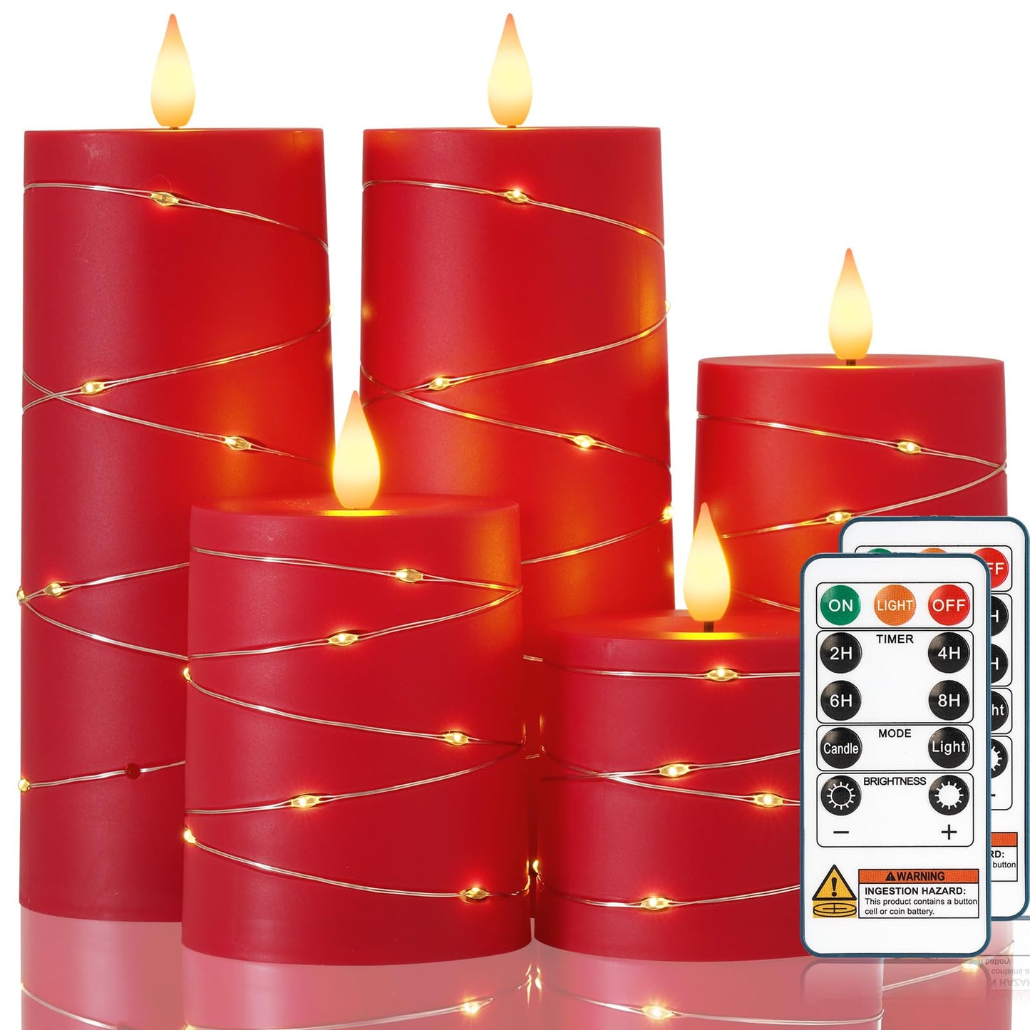 Raycare Independence Day Flameless Candles with Remote Timer, Flickering Battery Operated LED Pillar Fake Candle with String Lights for 4th of July Patriotic Home Decor, Wedding Gift, Red, Set of 5