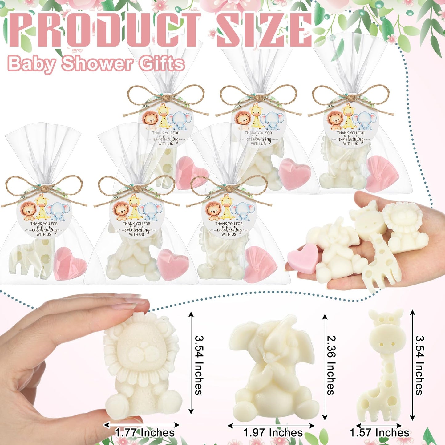 Demissle 20 Sets Safari Animal Baby Shower Soaps Favors for Guests Jungle Greeting Card Bath Gift for Birthday (Pink)