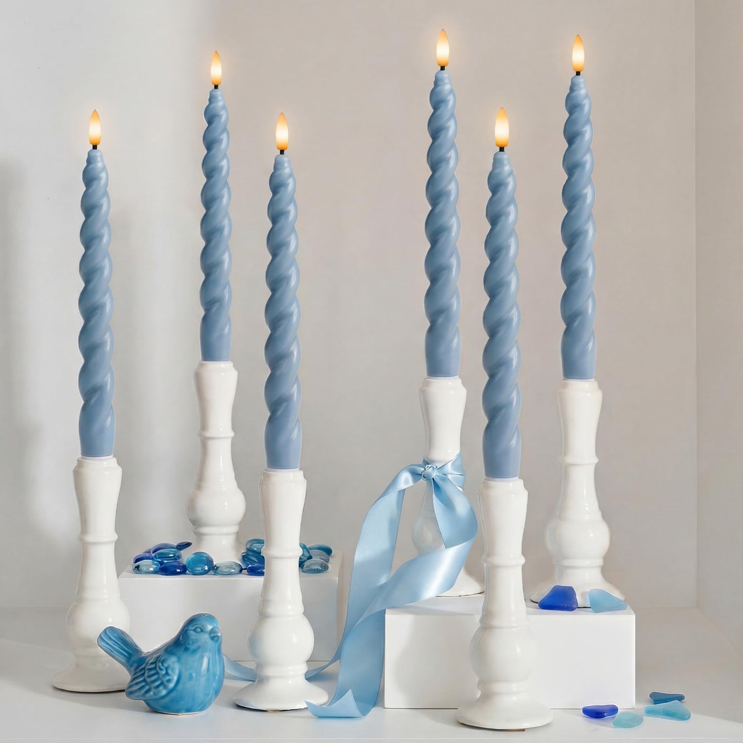 WYZworks 10" Flameless LED Taper Candles – Full Twisted Spiral – Dusty Blue, Set of 6 – Remote, 2/4/6/8-Hr Timer (24-hr Memory), Bottom On/Off Button, Dimmable, Battery Operated, Flicker/Steady