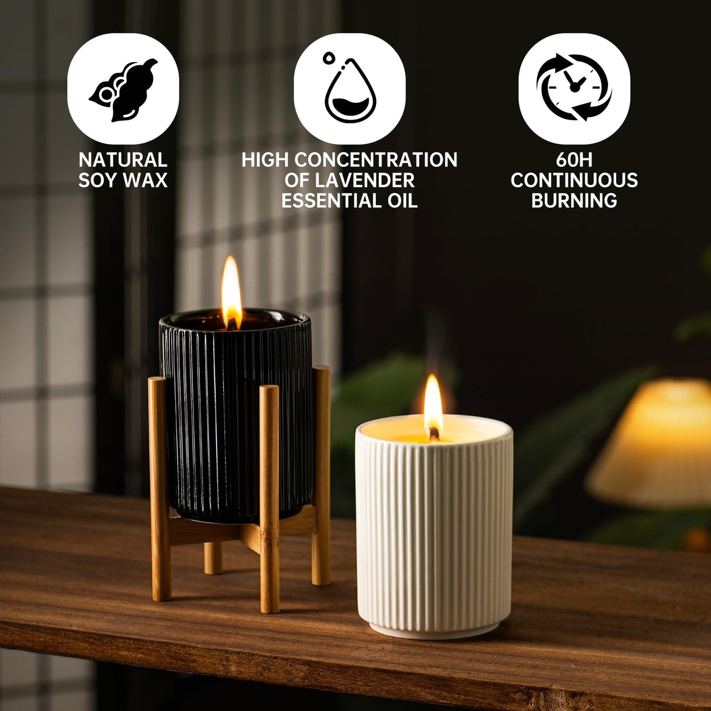 HUICAIMAO Lavender Scented Candle with Wood Stand& Ceramic Jar - 60H Natural Soy Wax, Highly Scented Aromatherapy Candle for Relaxation, Sleep & Home Decor, Elegant Gift for Women