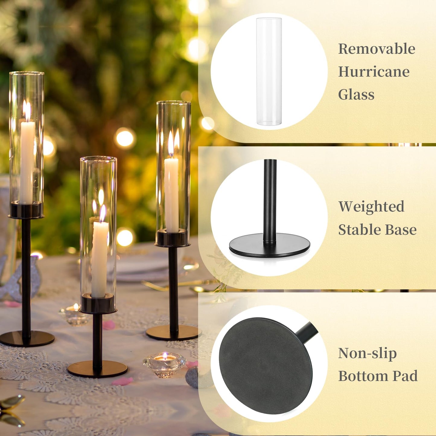 Hewory Black Candlestick Holders Hurricane Candle Holder, 6Pcs Candle Stick Candle Holder Candelabra, Taper Candle Holders with Glass Candle Cover for Wedding Table Centerpiece Christmas Decor