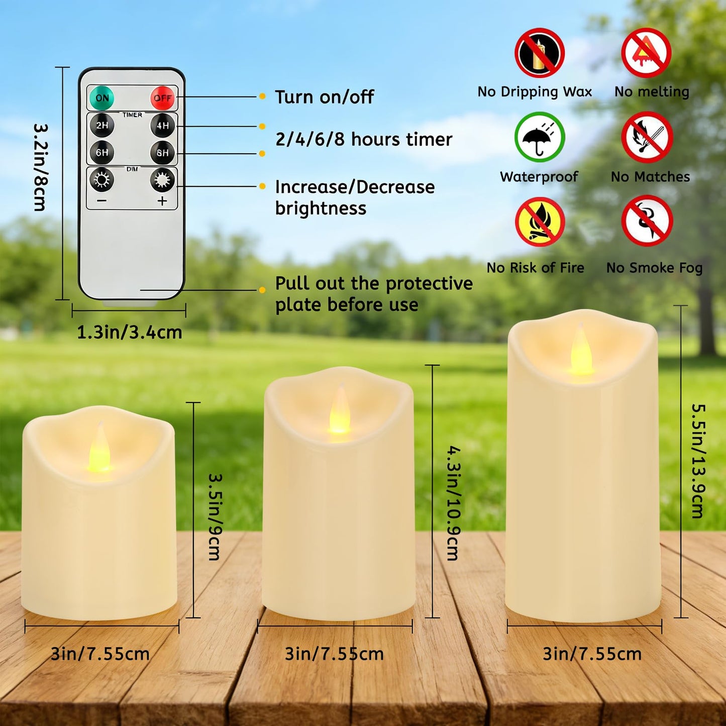 Haown Outdoor Indoor Flameless Candles, Patented 3D Dual-LED, Set of 6 Slanted Top Durable Plastic Pillars with 2 Remotes & Timer, Non-Melting Waterproof Battery Candles for Patio Garden (Ivory)