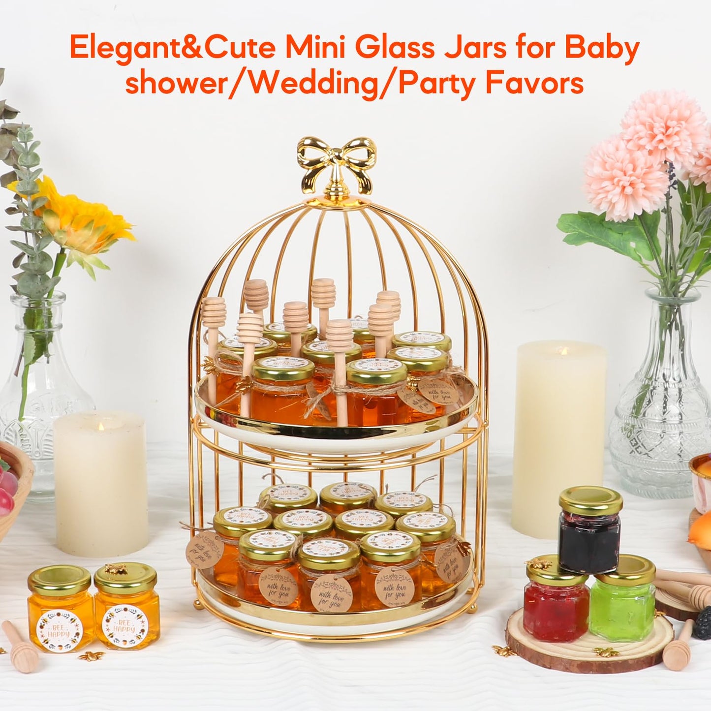 AuroTrends Mini Honey Jars with Dipper 1.5oz 60Pack, Empty Hexagon Honey Jars for Baby Shower Favors/Wedding Favors for Guests Bulk-Mini Glass Jar with Lids/Wooden Dippers (1.5 fl.oz-60Pack)