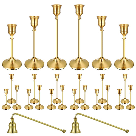 24PCS Brass Gold Taper Candle Holders Set, Vintage Metal Candlestick Holders Plus Candle Snuffer for Table Centerpiece,Wedding Reception,Festive Christmas Mantel Decoration