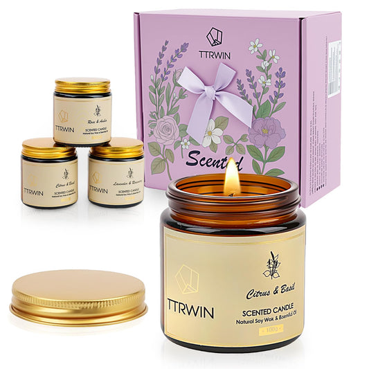 TTRWIN Scented Candles Gift Set, 4 Pick Natural Soy Candles: British pear & Freesia, Rose & Amber, Lavender & Rosemary, Citrus & Basil, Birthday Gifts for Women, Gifts for Mother's Day