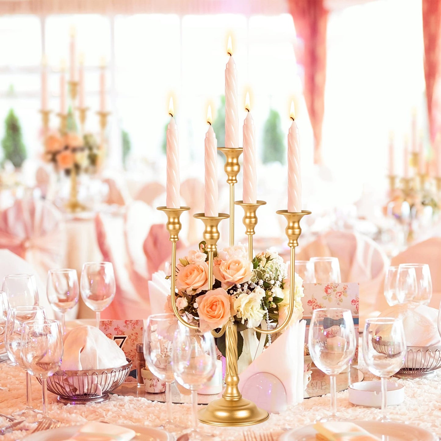 19.7in Gold Candelabra Centerpieces for Tables, 2Pcs Metal Tall Candle Holder for Taper Candles, 5 Arm Candlestick Holder for Wedding Centerpiece Decor Party Event Reception Decoration