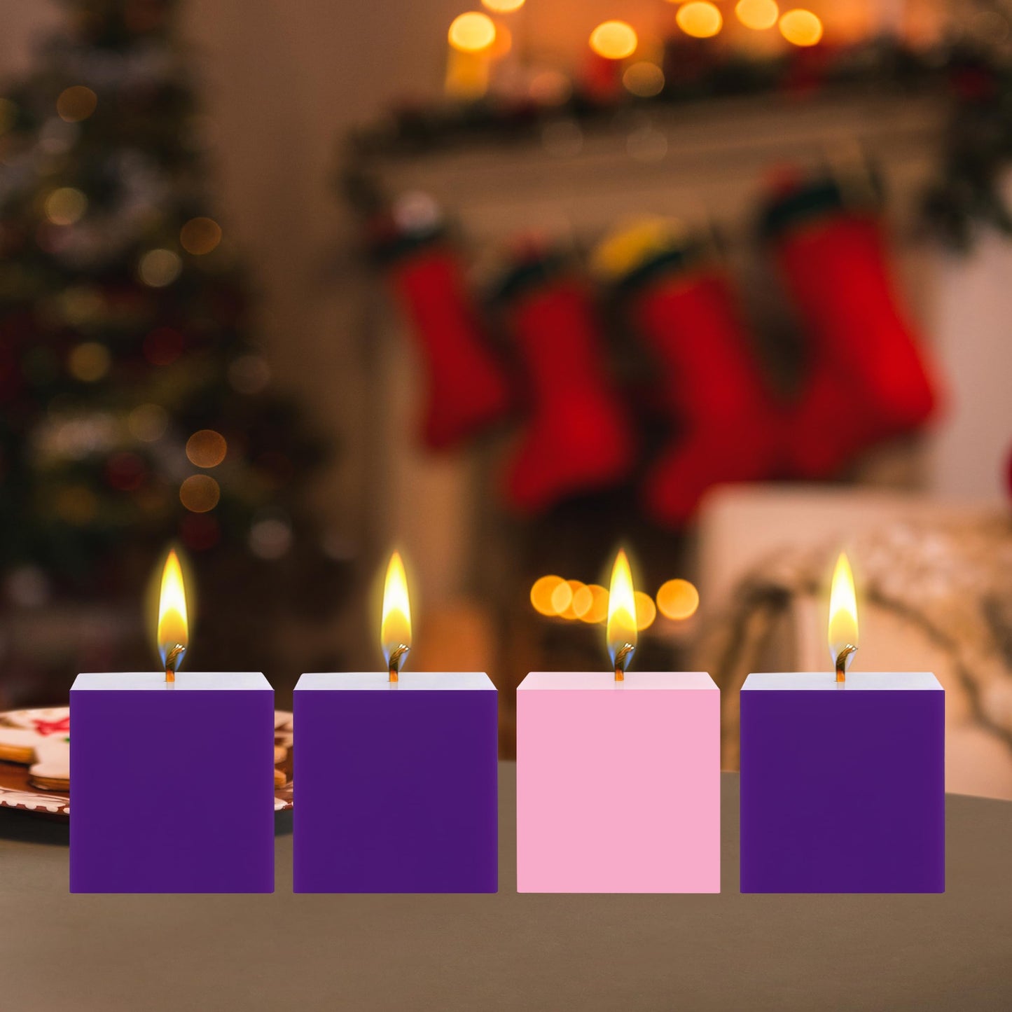 Mega Candles 4 pcs Unscented Christmas Advent Candles Set, Hand Poured Premium Wax Square Pillar Candle 3 Inch x 3 Inch, Holidays, Occasions, Events, Festivities, Devotional, Church, Wreath, Gifts